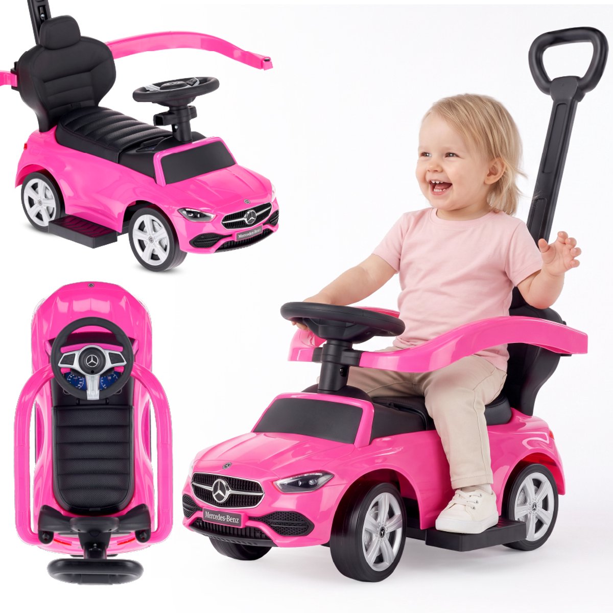 SUN BABY Loopauto vanaf 12 maanden Mercedes C-Class met voetsteun roze