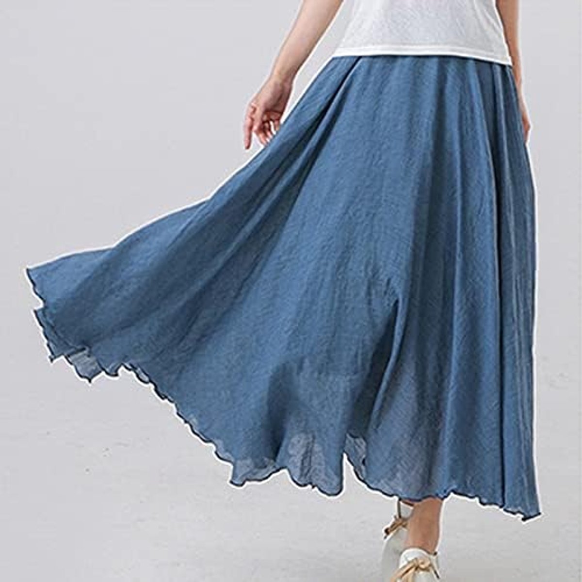 skirt Cotton Linen Long Skirt Women'S Casual Elastic High-Waist Pleated A-Line Beach Skirt