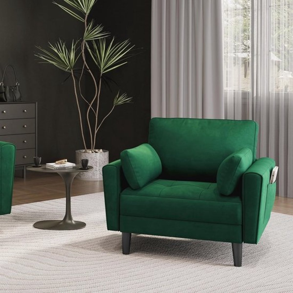 Moderne fluwelen 1-zitsbank met kussens en armleuningen - Comfortabele loungesofa voor woonkamer en slaapkamer - Groen