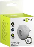 Verpakking van de Goobay LED nachtlamp, wit, met technische specificaties en afbeelding van de lamp.