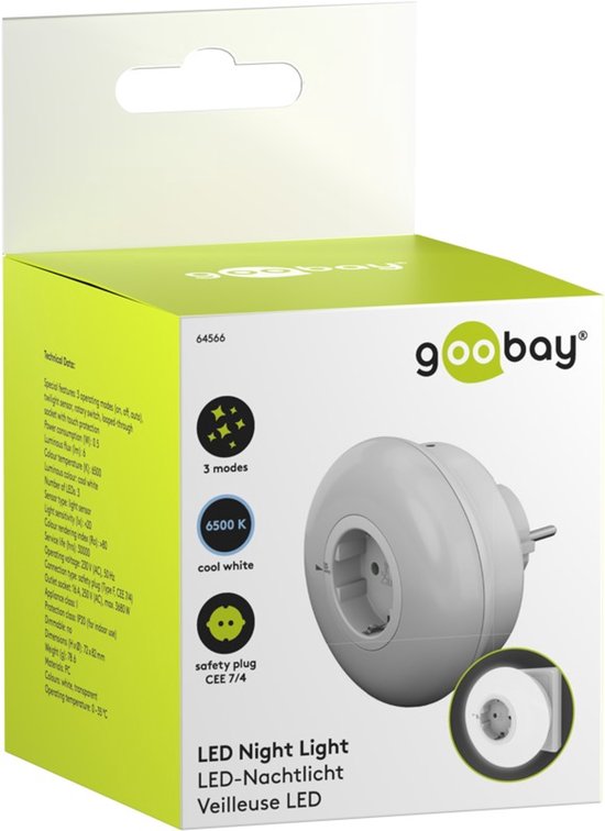 Verpakking van de Goobay LED nachtlamp, wit, met technische specificaties en afbeelding van de lamp.