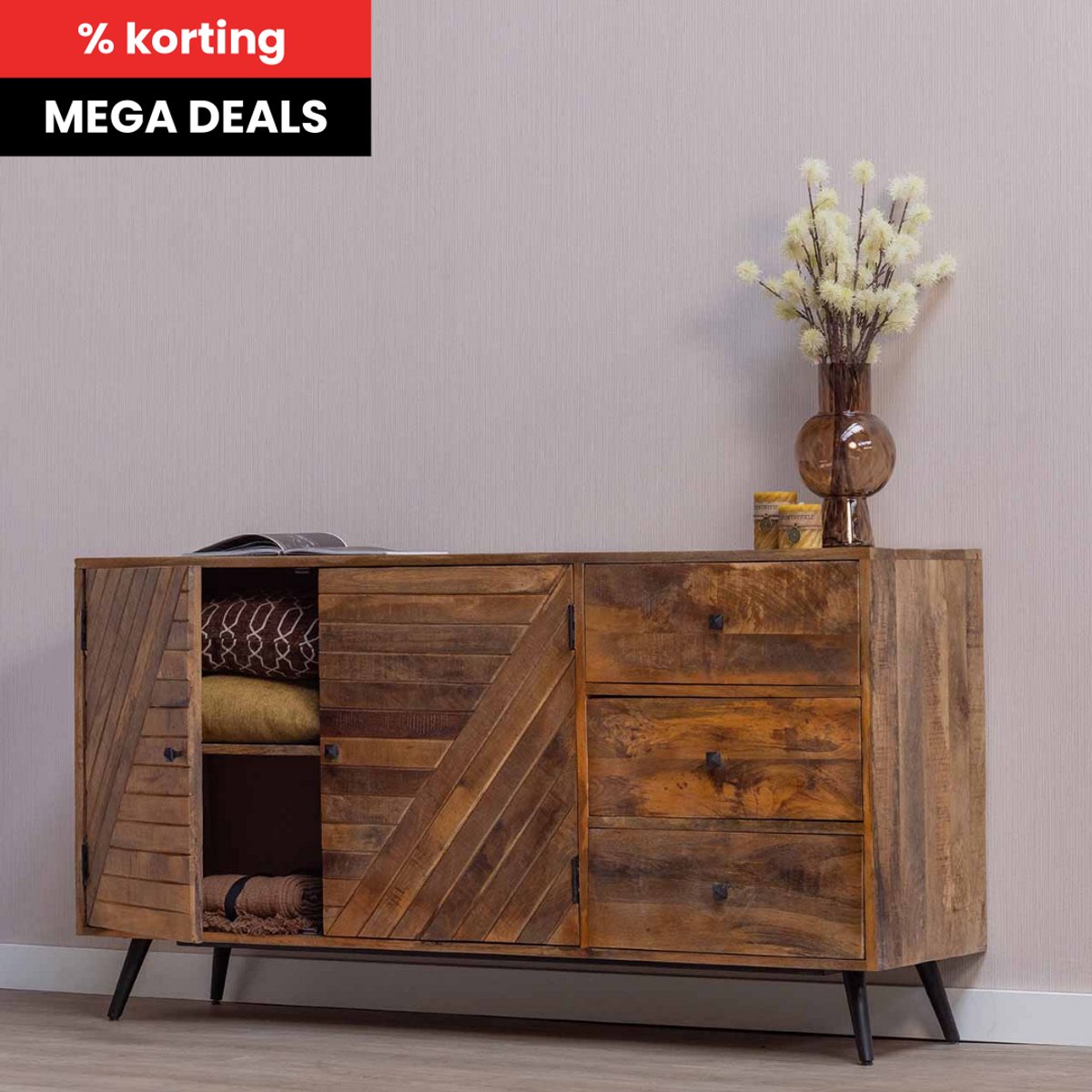 Mangohouten Dressoir Alamo 145 cm Mahom Industrieel - Dressoir van Mangohout & Metaal - Industriële Dressoir