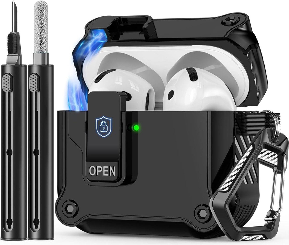 Compatibele Oplaadcase voor AirPods 4e Generatie met Schoonmaakset en Automatische Sluiting - Zwart, Veilig en Duurzaam voor Jouw Nieuwe AirPods 4