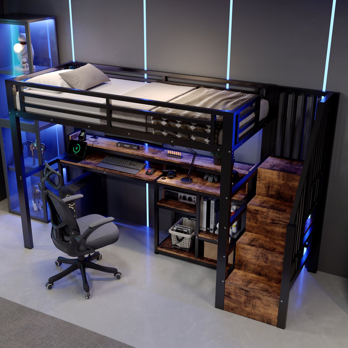 Merax Hoogslaper 90 x 200 cm - met bureau - ladderkast - opbergruimte - USB-C - LED-verlichting - zonder matras - zwart