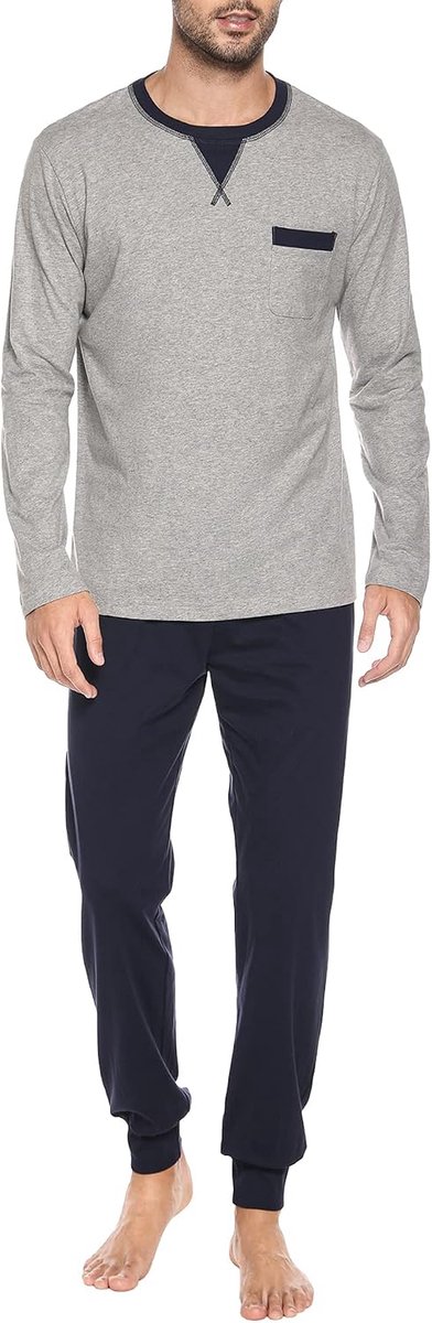 Pyjama voor heren, katoen, pyjamaset, nachtkleding, lange mouwen, ronde hals, shirt met lange mouwen en pyjamabroek