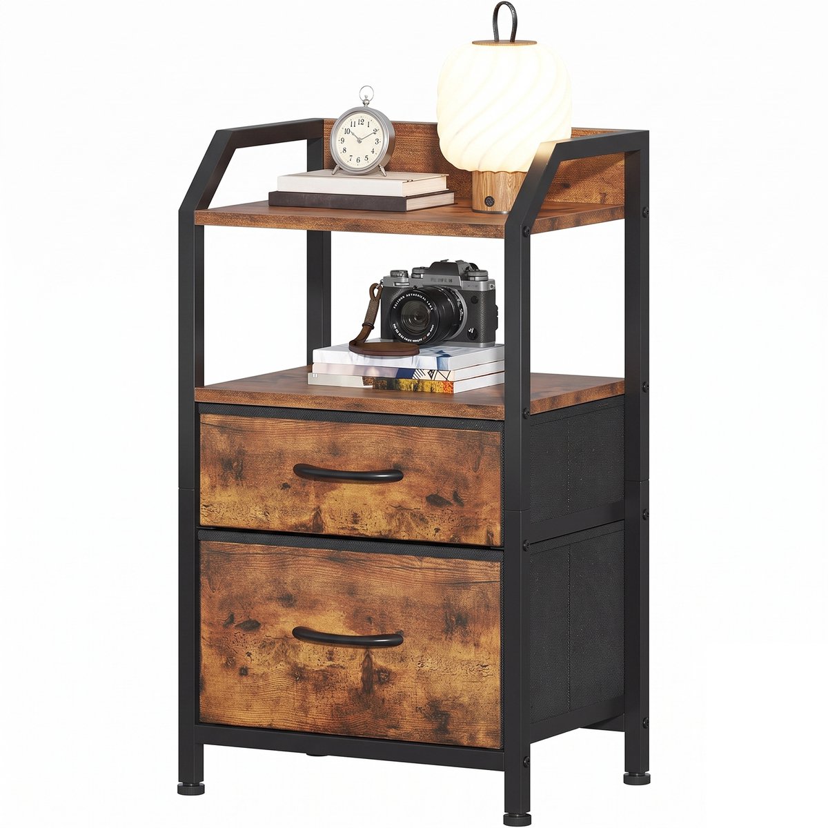Industrieel nachtkastje - 2 stoffen lades en open vak - Rustieke houtlook en zwart - Blad met opstaande rand - Verstelbare voeten - 40 x 30 x 70 cm