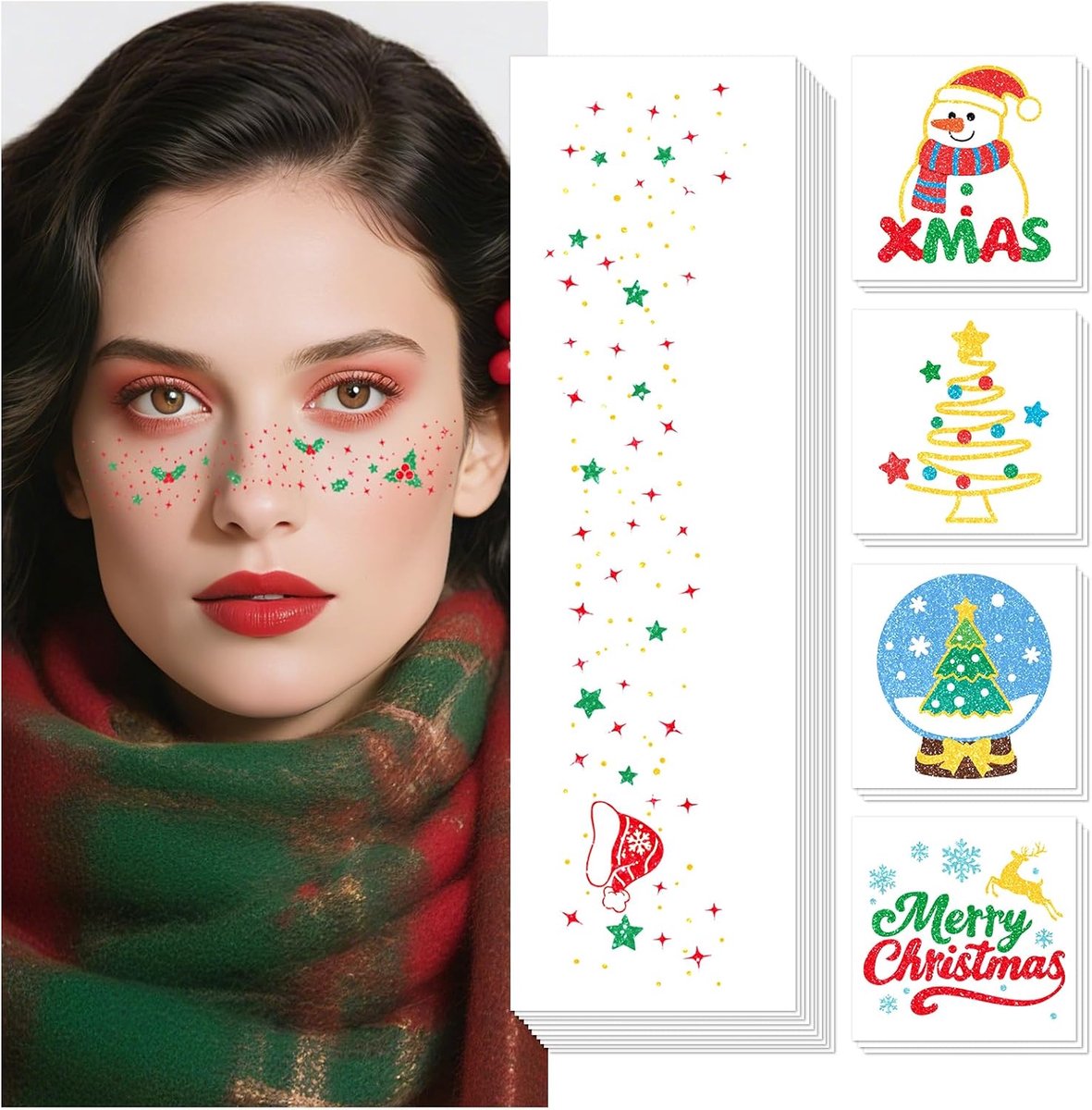 Kerstmis, sproeten, tattoo voor volwassenen, 40 vellen, glittergezicht, freckles, kersttatoeage voor kinderen, gezichtstattoo, festival, outfit, accessoires, dames