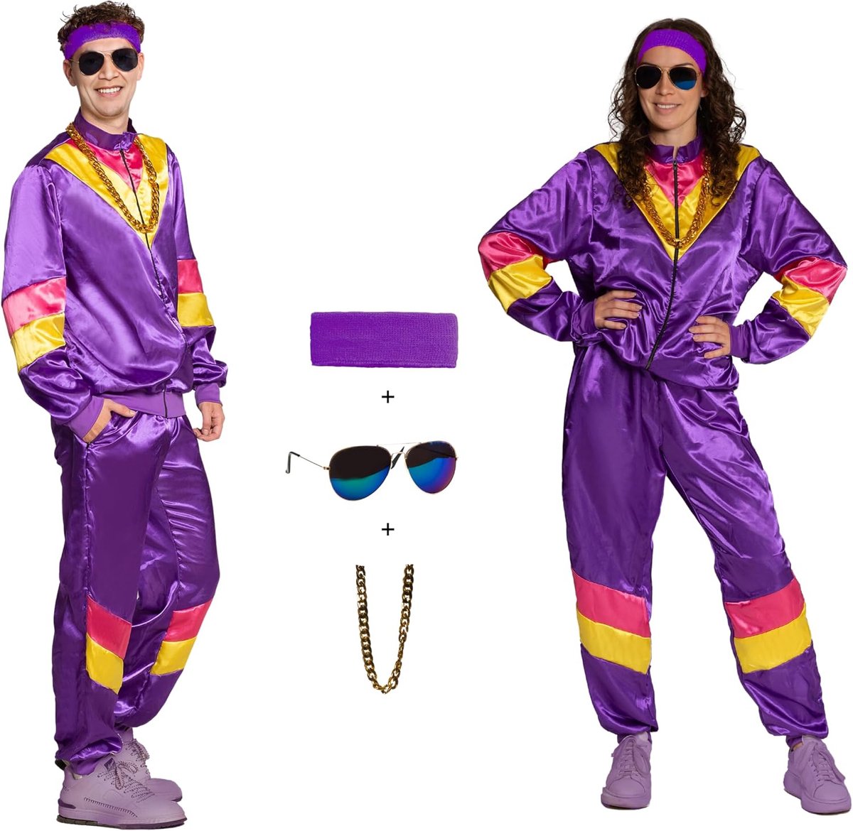 80's Shell Suit Kostuum Retro Stijl, Jaren 80 Kostuum Unisex, Disco Trainingspak, Foute Party, Carnaval 5-Delig Jas, Broek, Hoofdband, Ketting en Bril