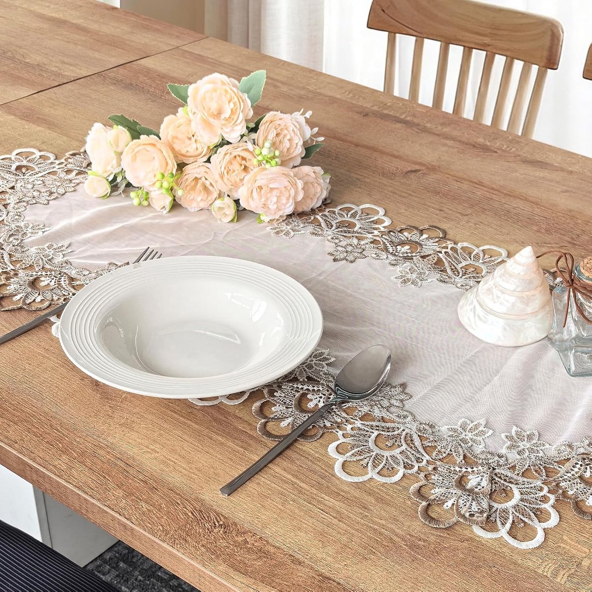 Tafelloper, 37,01 × 16,54 cm Koffiekleur Chiffon Kant Tafelkleed voor Boog Verjaardag Salontafel Stoel Woondecoratie Feestbenodigdheden