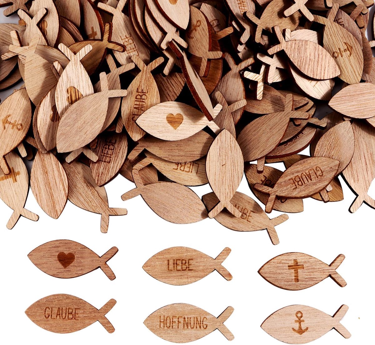 200 stuks houten vissen, communie, decoratie, doopdecoratie, strooidecoratie, doop, met zegenspreuk en geluksymbool, tafeldecoratie, communie, ideaal voor jongens en meisjes, doop, communie, vormsel