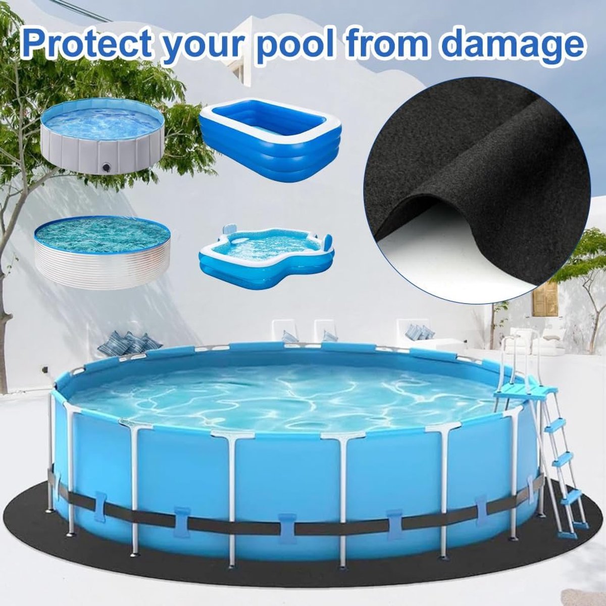 Pool Onderlaag Outdoor, 12ft Pool Onderlaag Rond, Zwembad Matte Pool Bodemplaat Opvouwbaar, Whirlpool Matte, Bodembeschermingsmat voor Opzetzwembaden, UV-stabiel & Scheurvast, Zwart