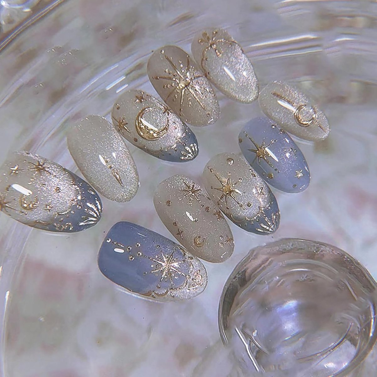 24 stuks kunstnagels, kort, amandel, French Press on nails, glitter, sterren en maan, acryl, kunstnagels om op te plakken, handgemaakt, volledige dekking, kunstnagels voor vrouwen en meisjes