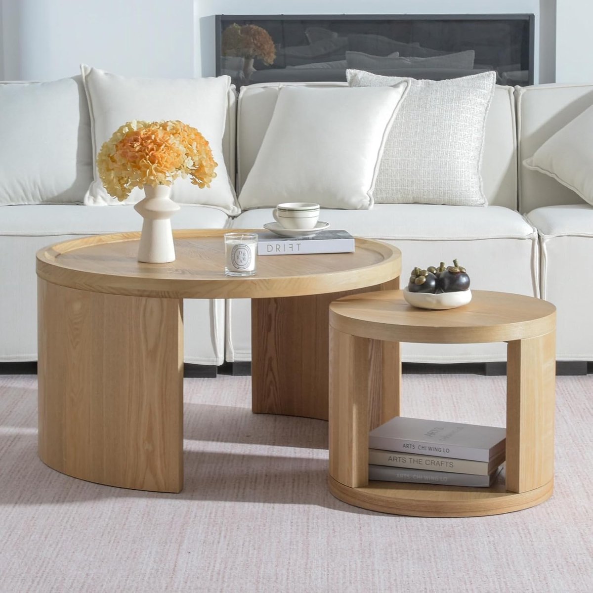 Set van 2 ronde lage tafels, moderne lage tafel, natuurlijk grenen, diameter 80 x 45 cm, veilig en stabiel, ideaal voor moderne interieurs