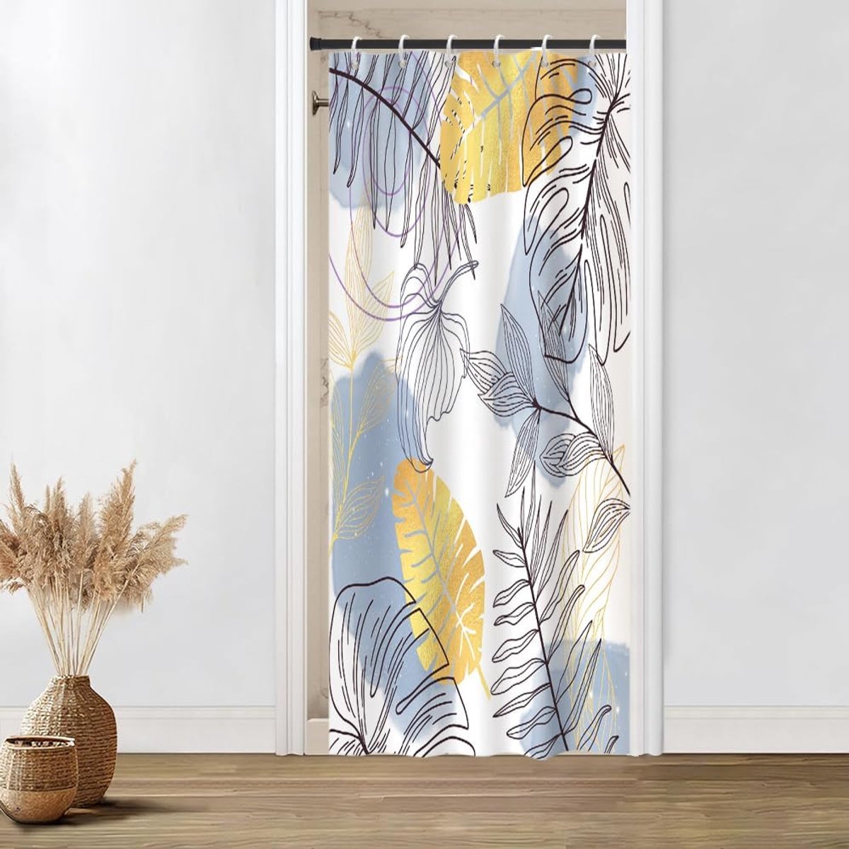 Douchegordijn, smal, 90 x 180 cm, schimmelwerend, blauw, boho-stijl, tropisch, abstract, palmbladeren, jungle, kleine douchegordijnen, stof, wasbaar, waterdicht, badgordijn met 6 haken
