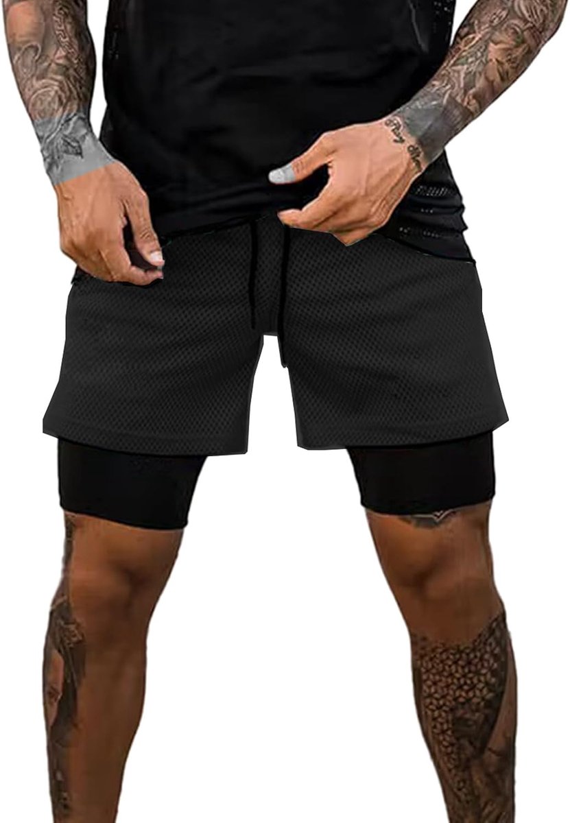 Shorts heren 2-in-1 trainingsshorts zomer korte broek sneldrogende hardloopshort sportbroek met zakken compressieshort