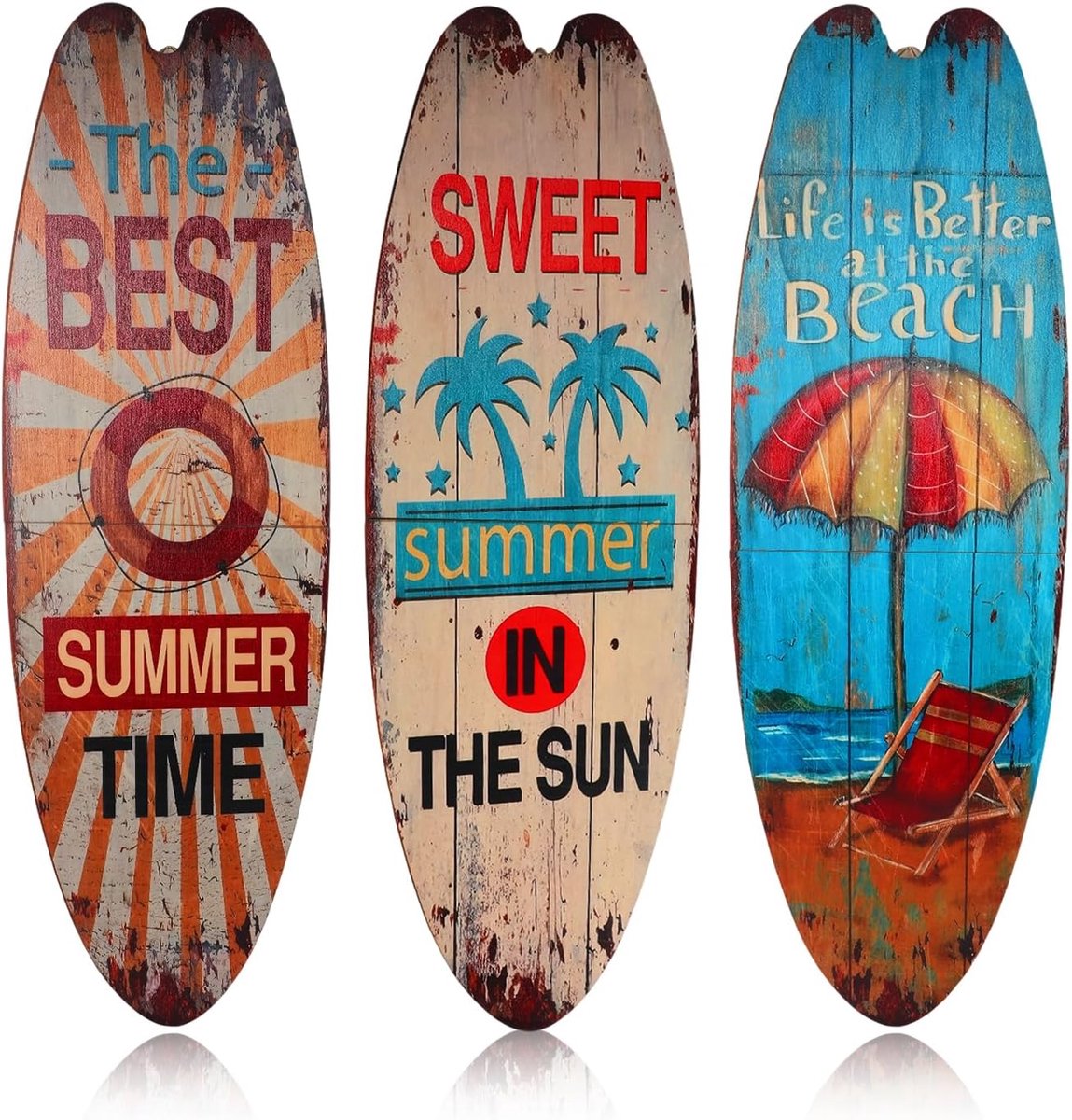 3 stuks extra groot surfboard decor, 80*25 cm wanddecoratie van hout in surfboard-stijl, wanddecoratie voor buiten, wandkunst voor slaapkamer, zwembad, tropische bars, huisfeestdecor, zomerse stijl (B
