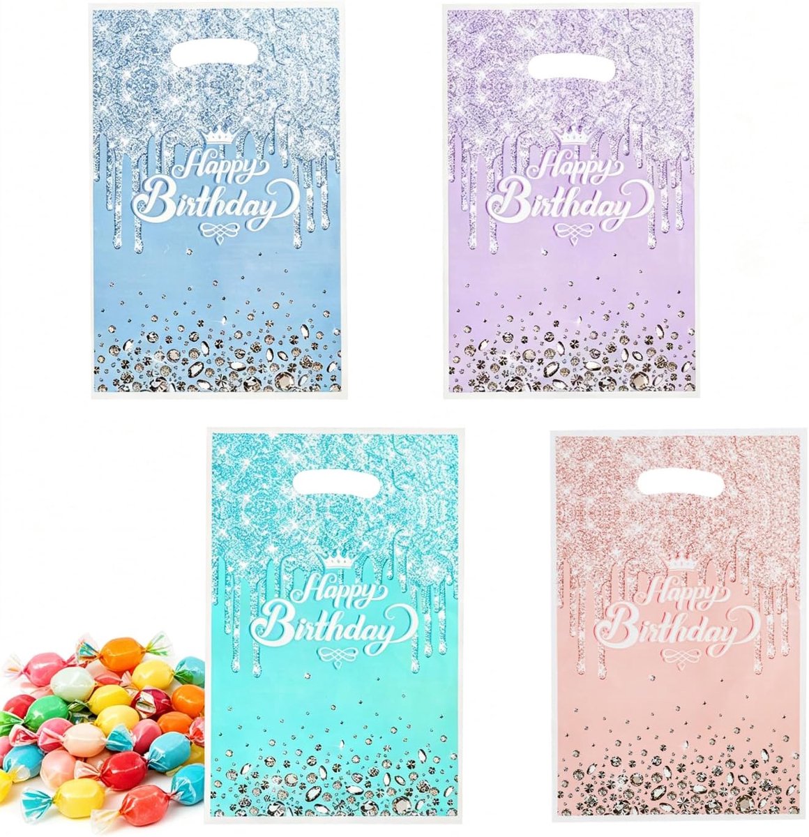 Cadeauzakjes voor verjaardag, 40 stuks, glittersnoepzakjes met taartmotief, kinderfeest, verjaardagscadeauzakjes, voor Kerstmis en feestjes