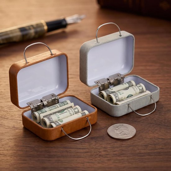Mini-koffer, metalen koffer, set van 2, retro decoratieve koffer, 7,5 x 5,5 x 3,5 cm, reisvoucherverpakking, geldcadeau, vouchers, retro spaarpot — afbeelding 5