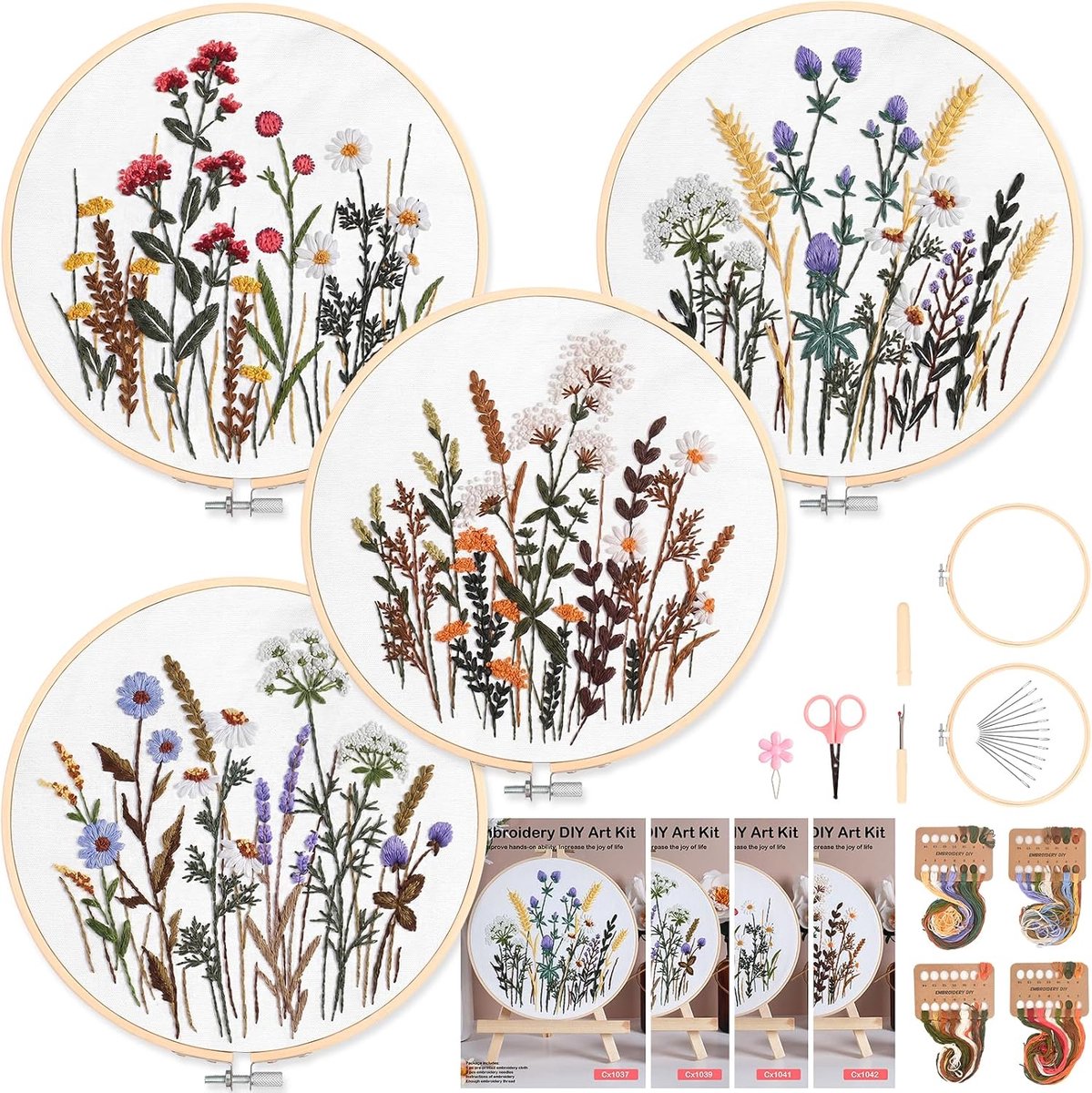 4 Borduurpakket voor Volwassenen, Complete Borduurset met Bloemen- en Plantmotieven voor Beginners, Inclusief 2 Bamboe Ringen en Gekleurd Garen, Handborduren DIY-borduurkit (Wilde Planten)