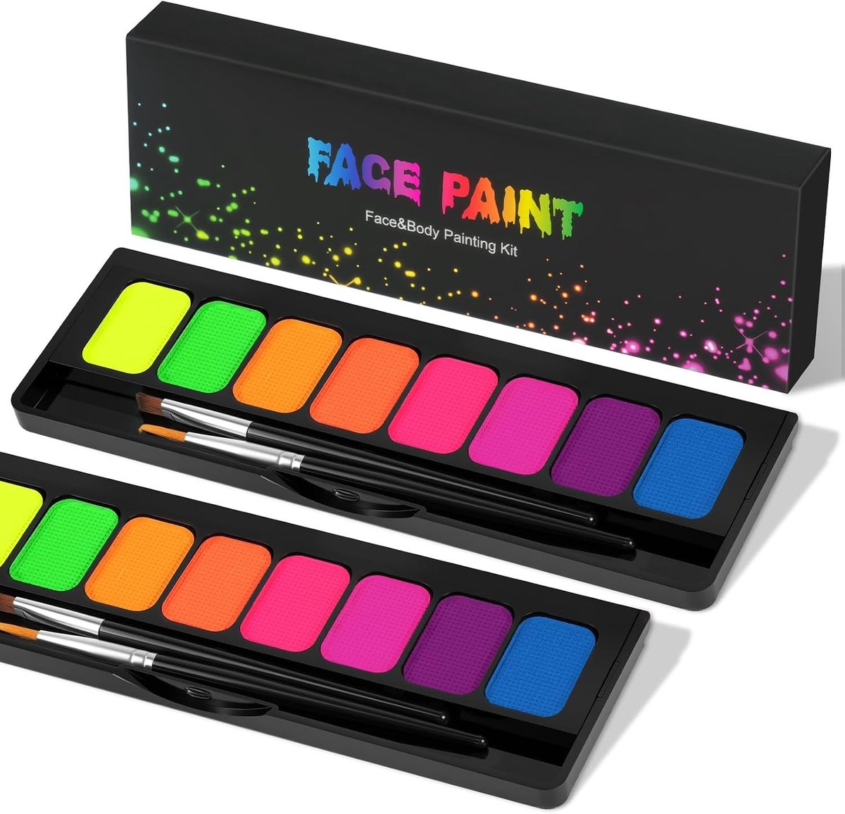Neon UV Gezichtsverf Set met 16 Kleuren voor Theater Make-up, Waterbasis, Inclusief Kwastje en Eyeliner Palet voor Halloween en Carnaval