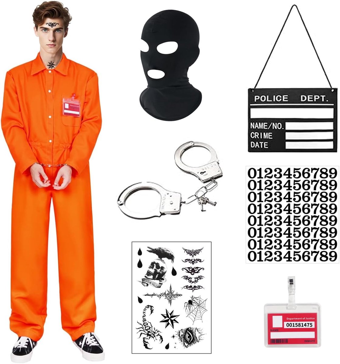 Gevangeniskostuum voor heren, oranje, Halloween, gevangenenkostuum, jumpsuit, kostuum voor volwassenen, cosplay-outfits voor volwassenen, gevangeniskostuum, Halloween, Pretend Prop