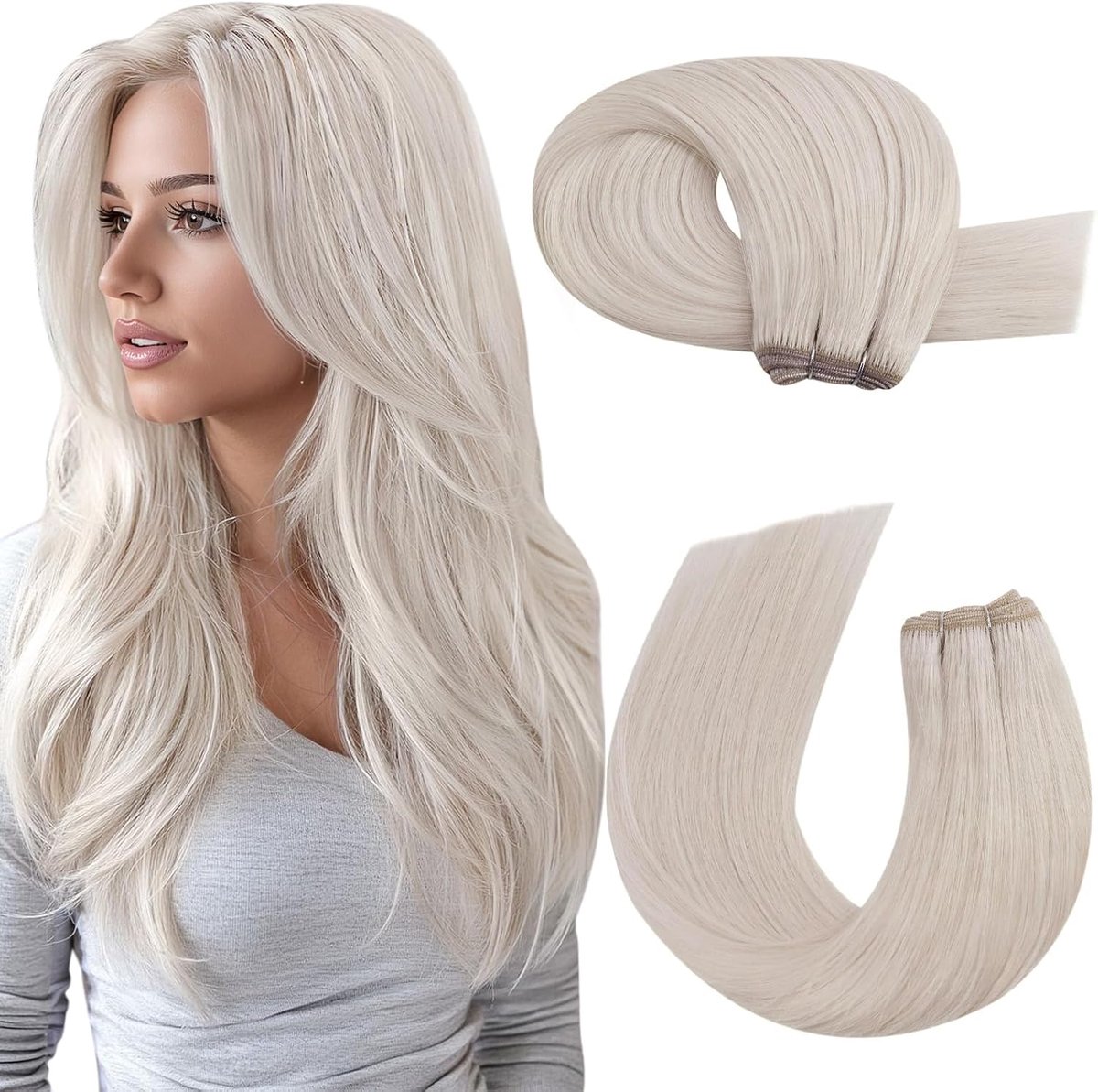 Weft Hair Extensions Echt Menselijk Haar Wit Blond #60A 45 cm 100G