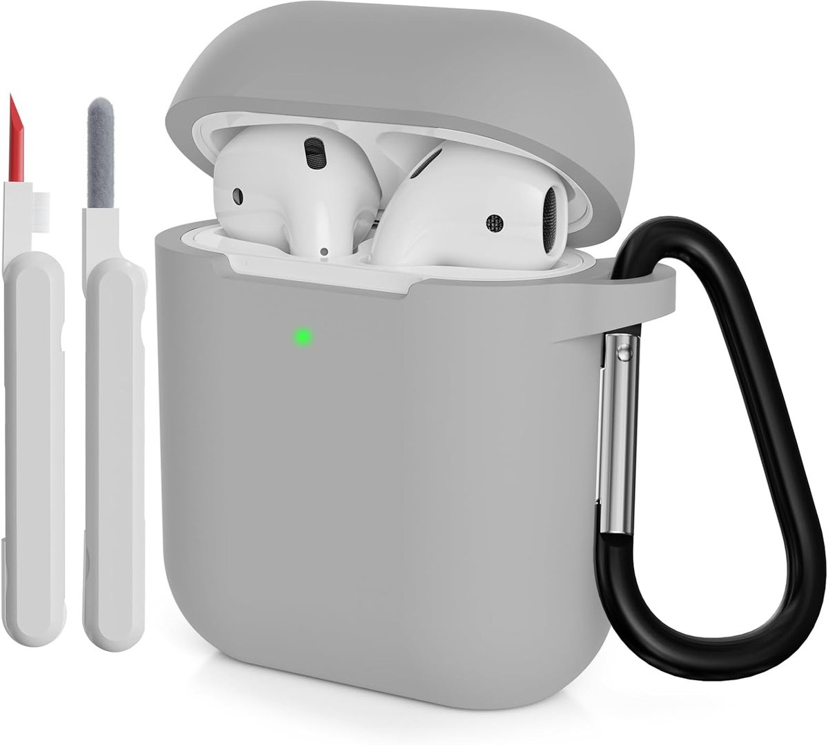Hoesje compatibel met AirPods 2 2019 met reinigingsset, krasbestendig, stofdicht, premium siliconen hoes voor AirPods 2e generatie met karabijnhaak, grijs