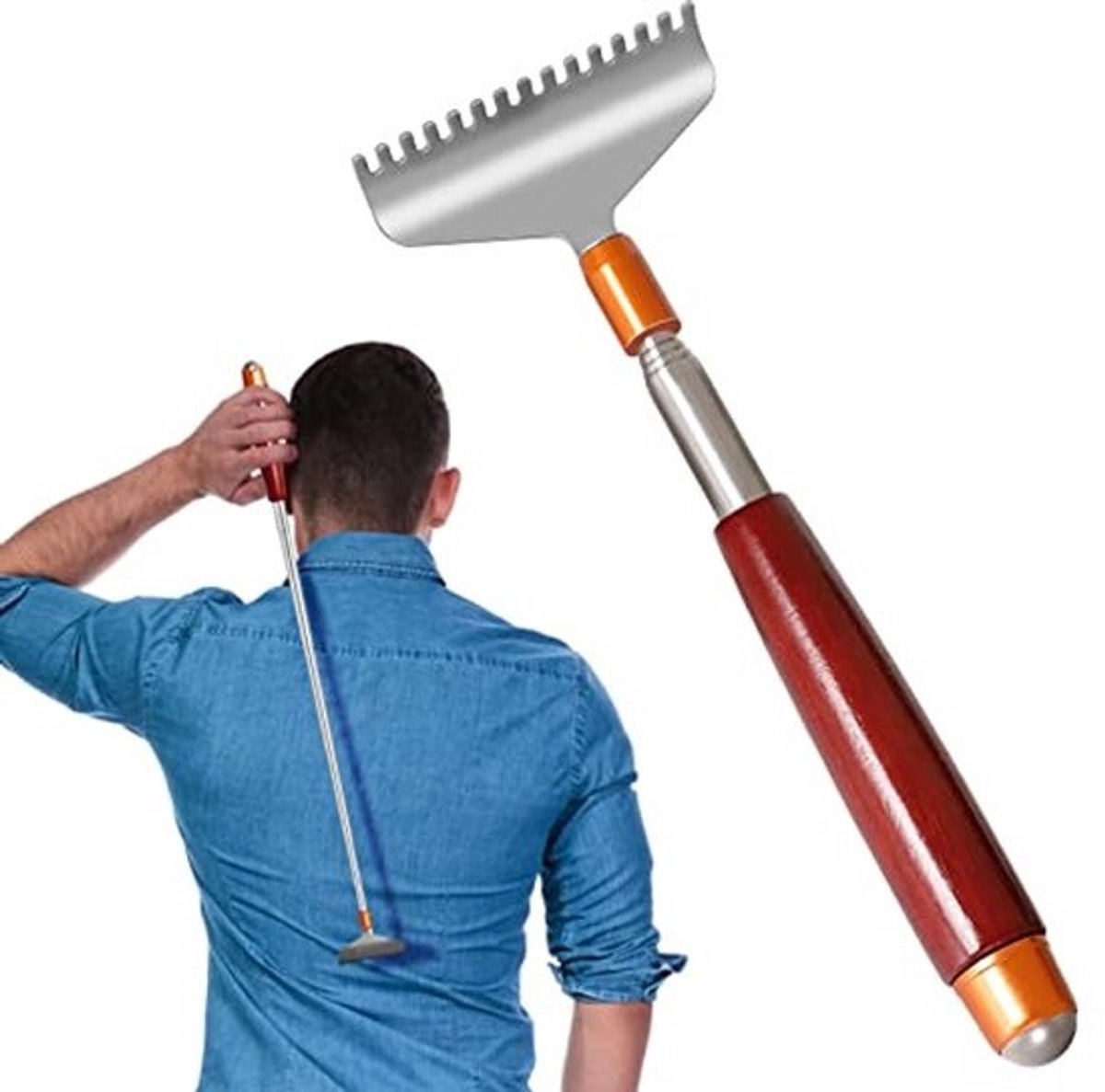 Telescopische rugkrabber voor mannen en vrouwen - massagerol met brede stalen 15-tandkop en wooden handvat