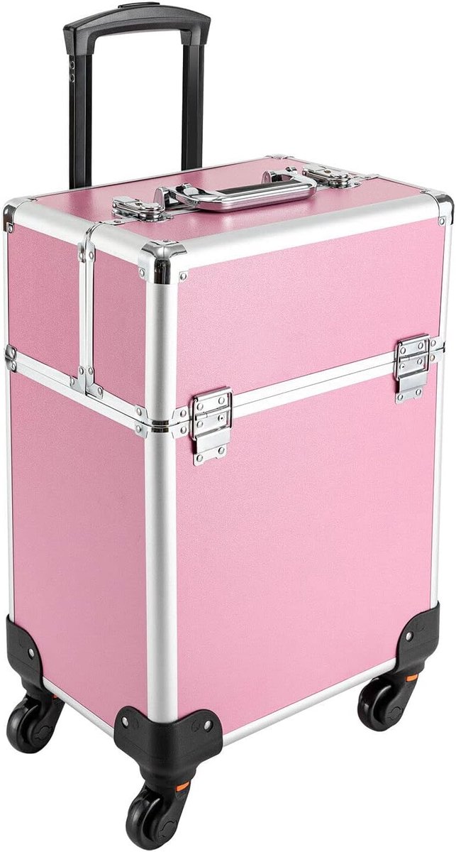 Trolley, aluminium trolley, 4-in-1 make-upkoffer, kapperskoffer, afsluitbaar, make-up koffer, 360° draaibare wielen, voor reizen, cadeau-idee, 34 x 24 x 45 cm, roze