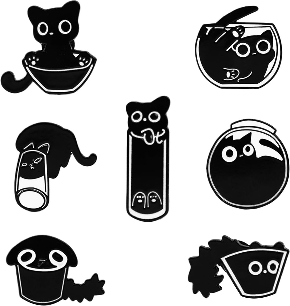 Broches, set van 7 stuks, zwart, wit, vloeistof, modieuze badges voor kattenliefhebbers, leuke cadeau-ideeën, schattige kattenaccessoires voor woonkamer en dagelijks gebruik