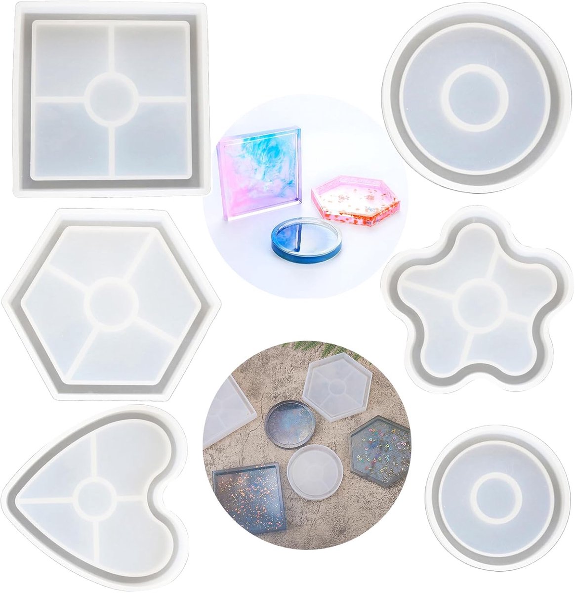 6 Stuks DIY Onderzetter Siliconen Mal, Siliconen Mal Gieten, Sieraden Mal, Voor DIY Theedienblad Fruitdienblad Sieradendienblad Ambachten(Wit)