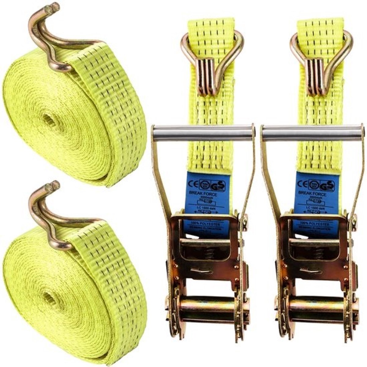 2 Spanbanden - Met Ratel en Haken - 3000 kg Draagvermogen - 6 meter x 50 mm - voor Vrachtwagens, Auto's en Motoren - Geel