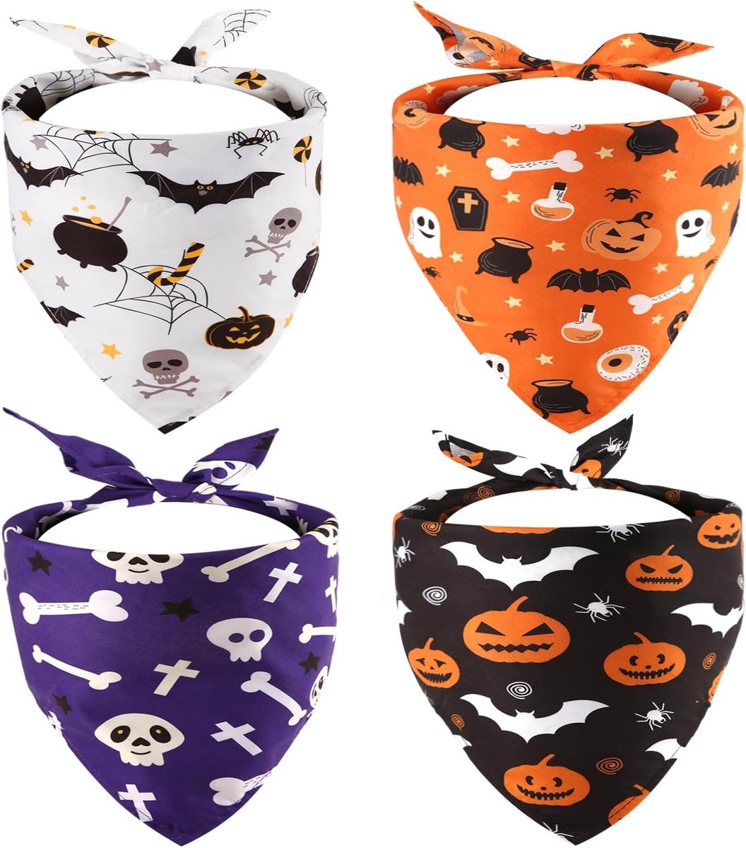 Halloween Kostuum voor Huisdieren - 4-delige Set met Pompoen Driehoek Sjaal, Wasbare en Ademend Neckerchief voor Kleine, Middelgrote en Grote Honden en Katten