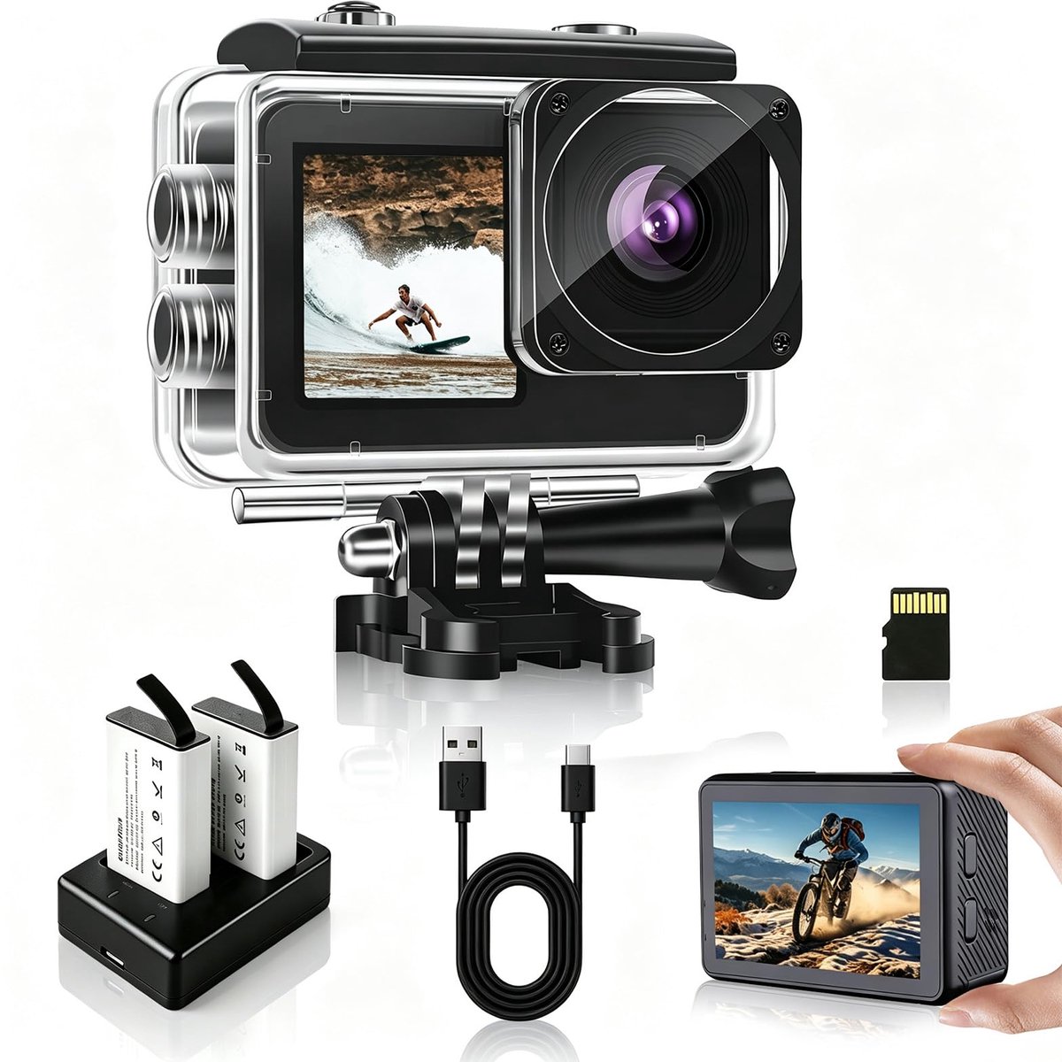 Actiecamera 1080P FHD - Dual Screen 2" & 1.3" - Waterdicht tot 40M - Perfect voor vlog en sport - ShopVlot