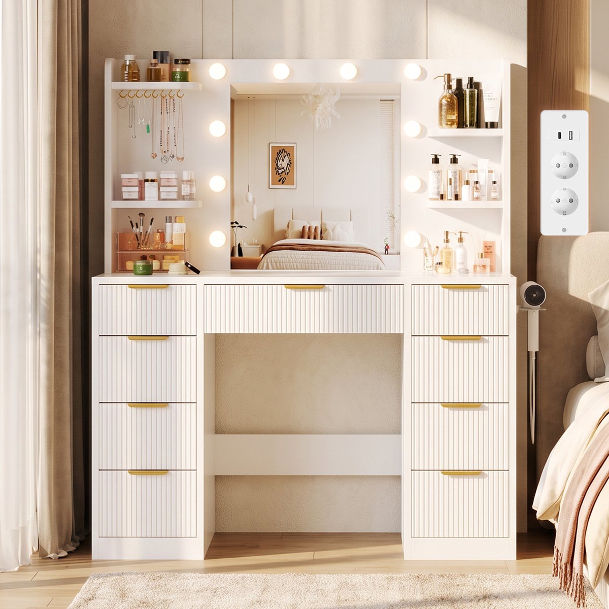 Devoko Kaptafel met Spiegel en 12 LED-Lampen – 3 Lichtkleuren en Dimbare Verlichting – 9 Laden, Sieradenopberging en Föhnhouder – 2 Stopcontacten, USB en USB-C – 108 × 40 × 137 cm – Wit