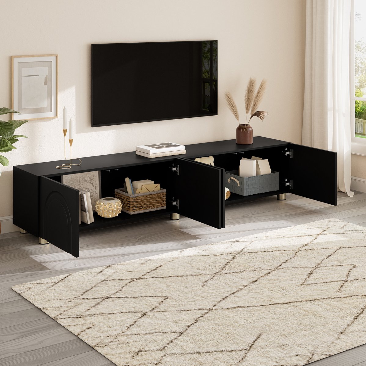 MEUNIQ TV-meubel lowboard 180 x 35 x 40 cm met 4 deuren, boogreliëf, metalen poten en opbergruimte voor woonkamer, zwart