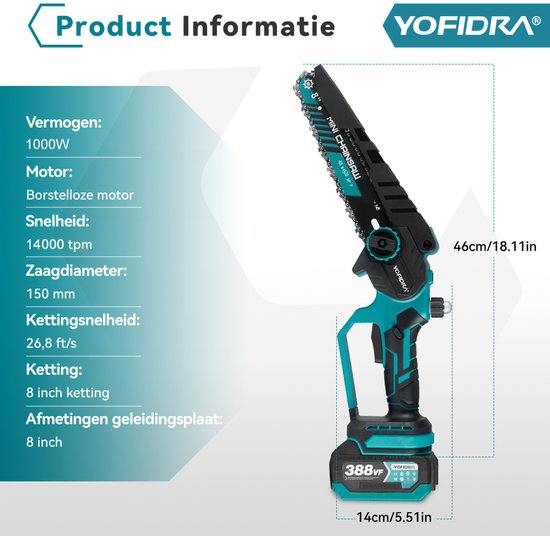 Yofidra Elektrisch Kettingzaag - 8 inch Kettingzaag - met 2x Accu's - Borstelloze Handkettingzaag - Automatische Kettingsmering — afbeelding 3