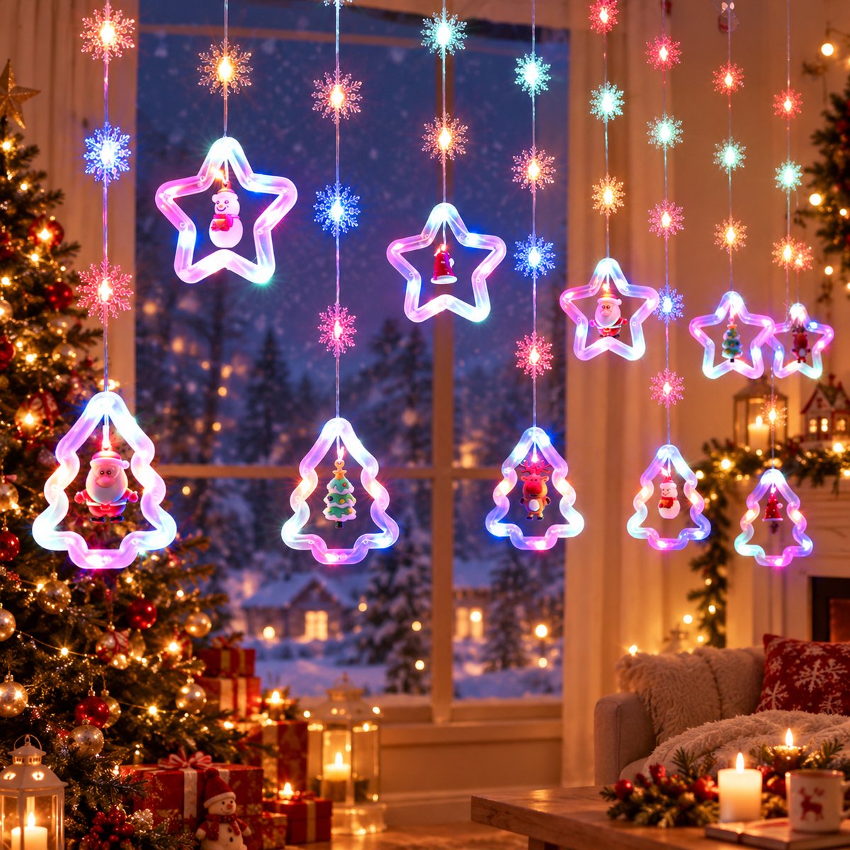 Meedeer Kerst Raamverlichting-3 m x 0,6m-LED String-USB-Met afstandsbediening & haak & Timer-8 lichtstanden -hangende lichtjes ster sneeuwvlok kerstboom-woningdecoratie-voor Indoor Party Bruiloft Slaapkamer (Kleurrijke lichten)