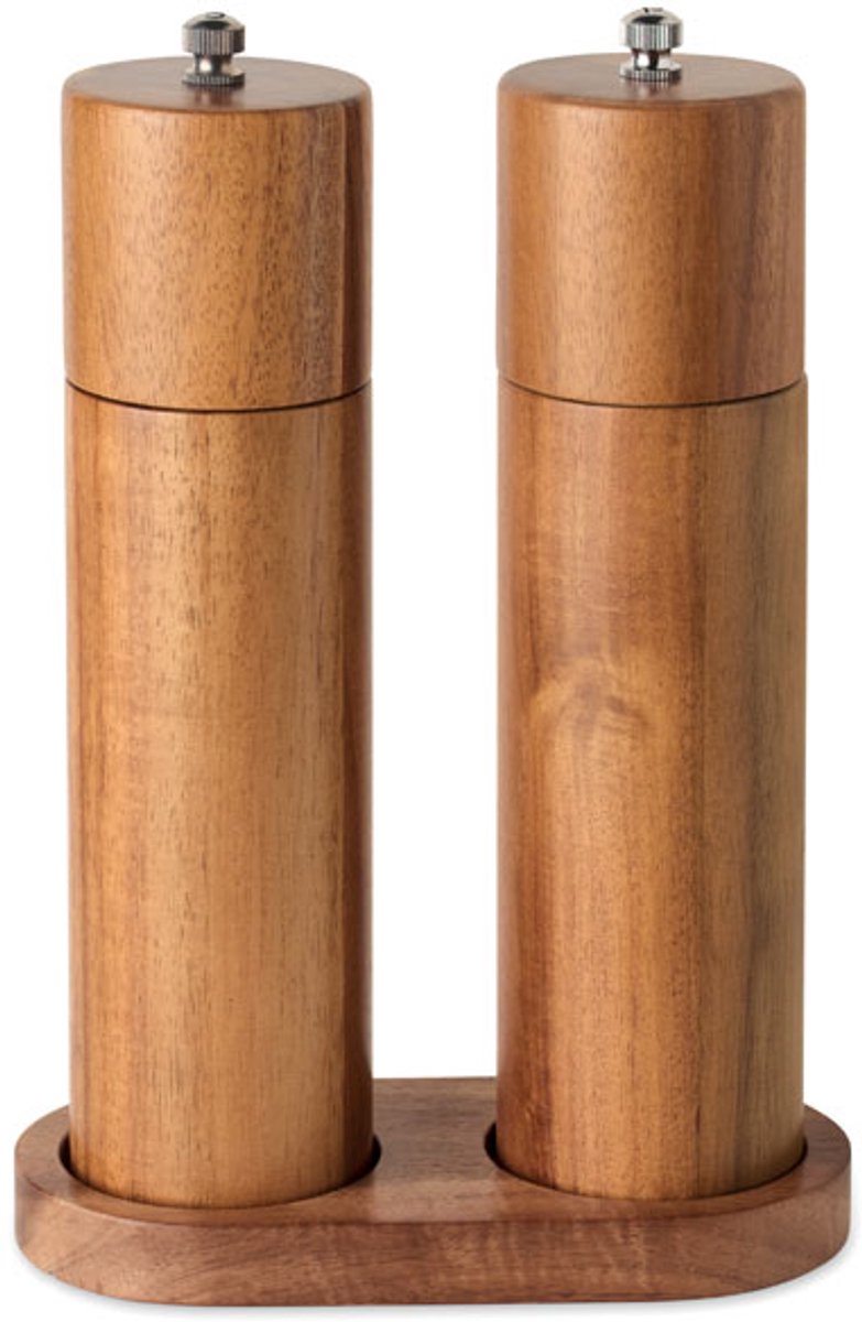 Luxe design set acaciahouten zout- en pepermolens met voet. Keramisch maalmechanisme.