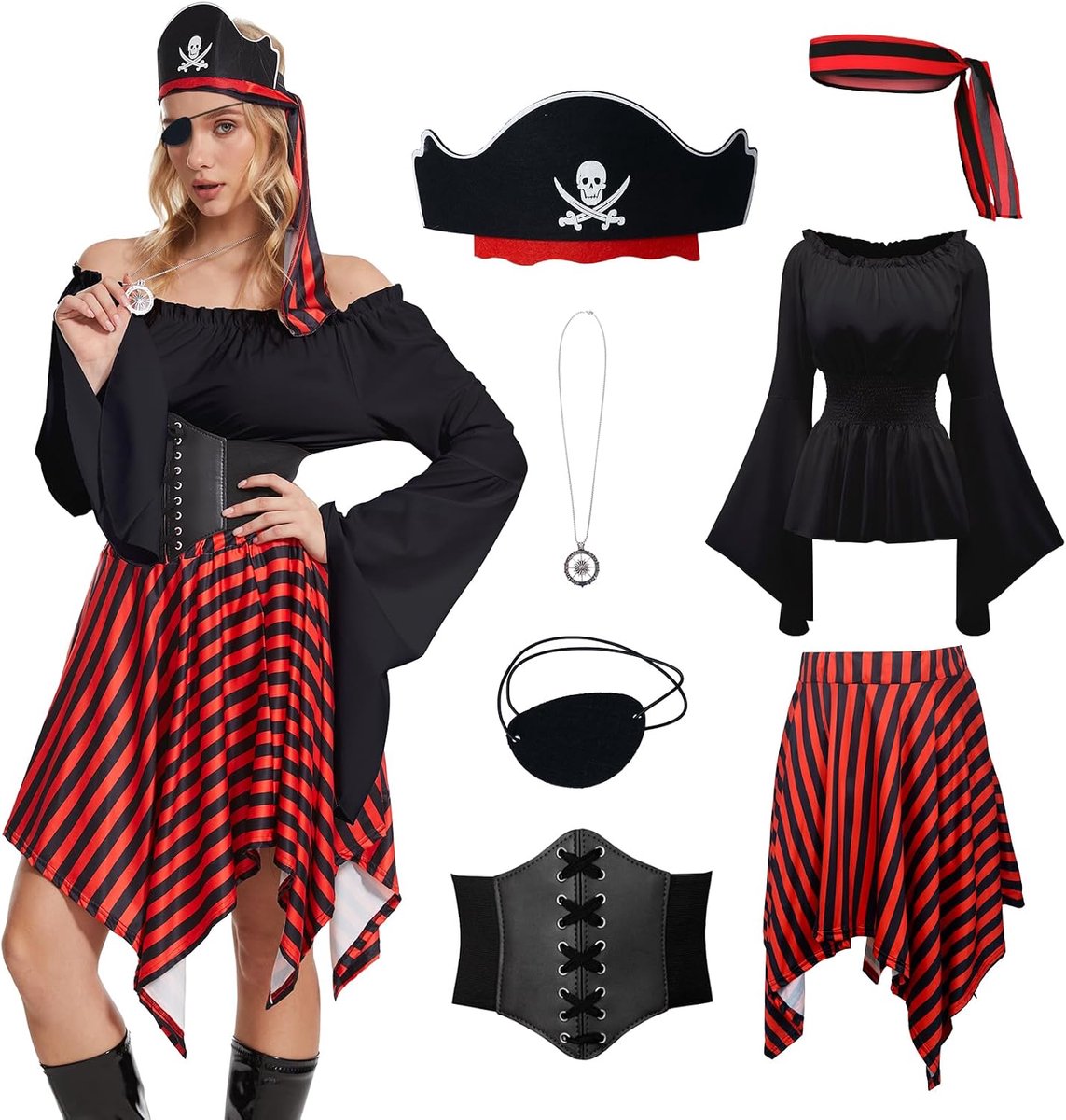 Piratenkostuum voor dames, piratenjurk, middeleeuwse Vikingkleding, renaissance, jurk, piratenkostuum, vrouwen, voor Halloween, carnaval, cosplay
