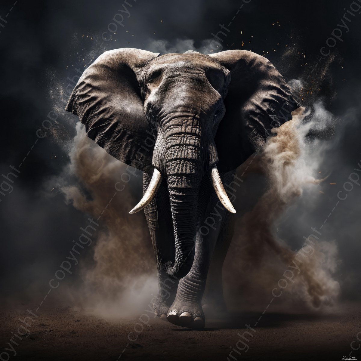 John Joseb Art (Aluminium) 100x100 | Olifant, stof, zand, rook, in geschilderde stijl, kunst, woonkamer slaapkamer | dier, Afrika, vierkant, bruin, grijs, blauw, modern | Foto-Schilderij print op Dibond (metaal wanddecoratie)