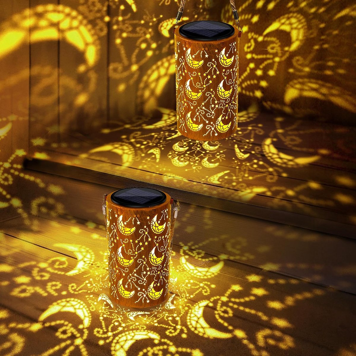 Zonnelampen voor buiten, tuin, 2 stuks, led, metaal, maan, zonne-lantaarn voor buiten, hangend, IP65 waterdicht, Ramadan, decoratieve lantaarn voor balkon, terras, boom, terras, geschenken