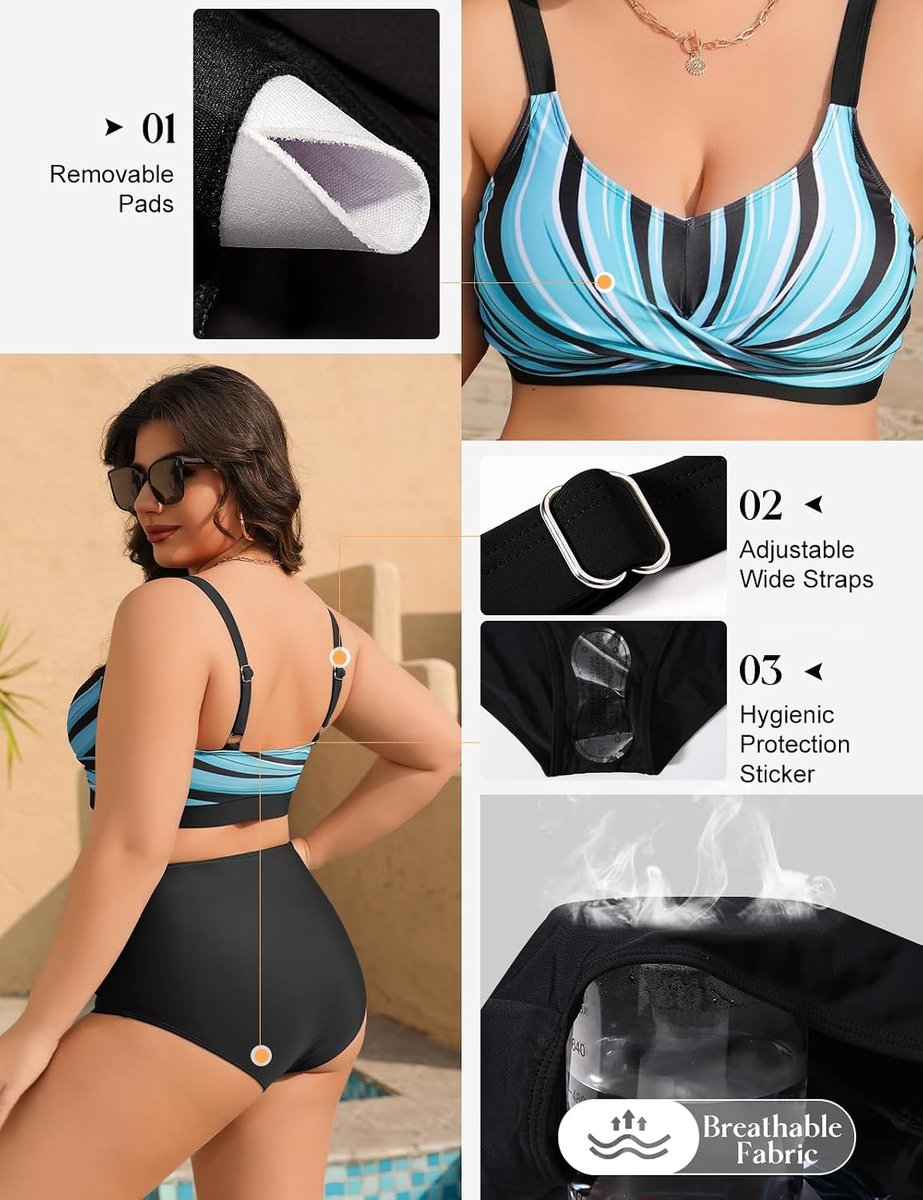 plus size bikini‘s voor dames, set bestaande uit bikinitopje en bikinibroekje met hoge taille, met buikcontrole en geplooide details, badkleding, zwemkostuum, 2-delige set met kussentjes
