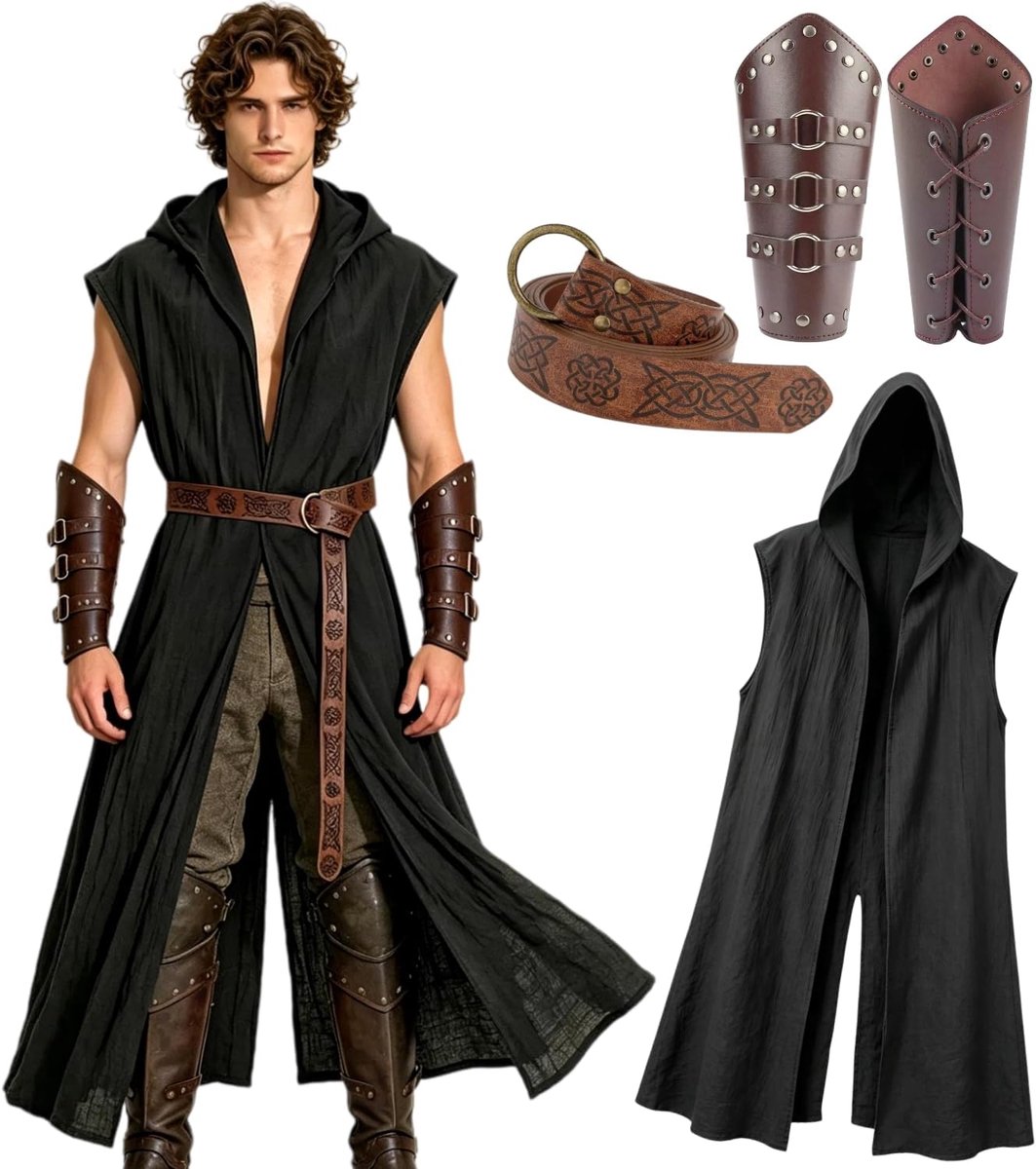 Kasahara Middeleeuws kostuum voor heren en dames, tuniek, mouwloos, capuchon, riem, bedrukt, armbanden, kostuum, Viking, ridder, tovenaar, Halloween, carnaval, uniseks, volwassenen