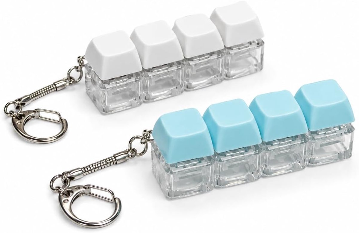 2 stuks keyboard-fidget-sleutelhangers, mini-toetsenbord met 4 toetsen, lineaire schakelaars, verwisselbare keycaps, anti-stress fidgetspeelgoed met sleutelring voor kantoor, school en reizen