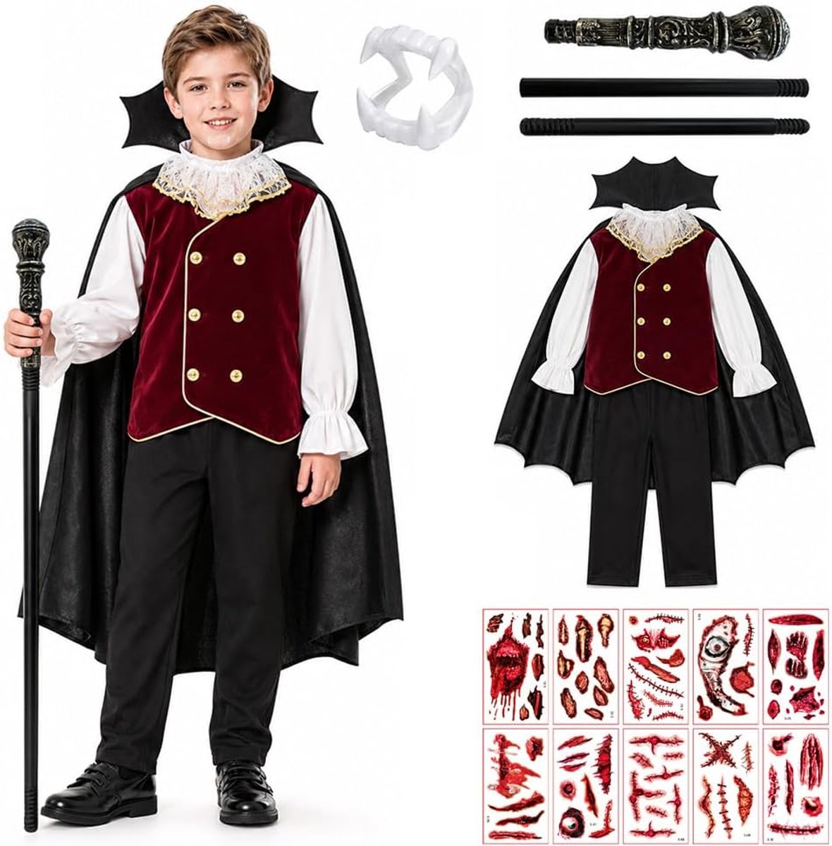 Vampierkostuum voor kinderen, inclusief cape, T-shirt, broek, kraag, vampiertanden, scepter en griezelige stickers, Dracula-kostuum voor Halloween, carnaval en cosplay-feestjes