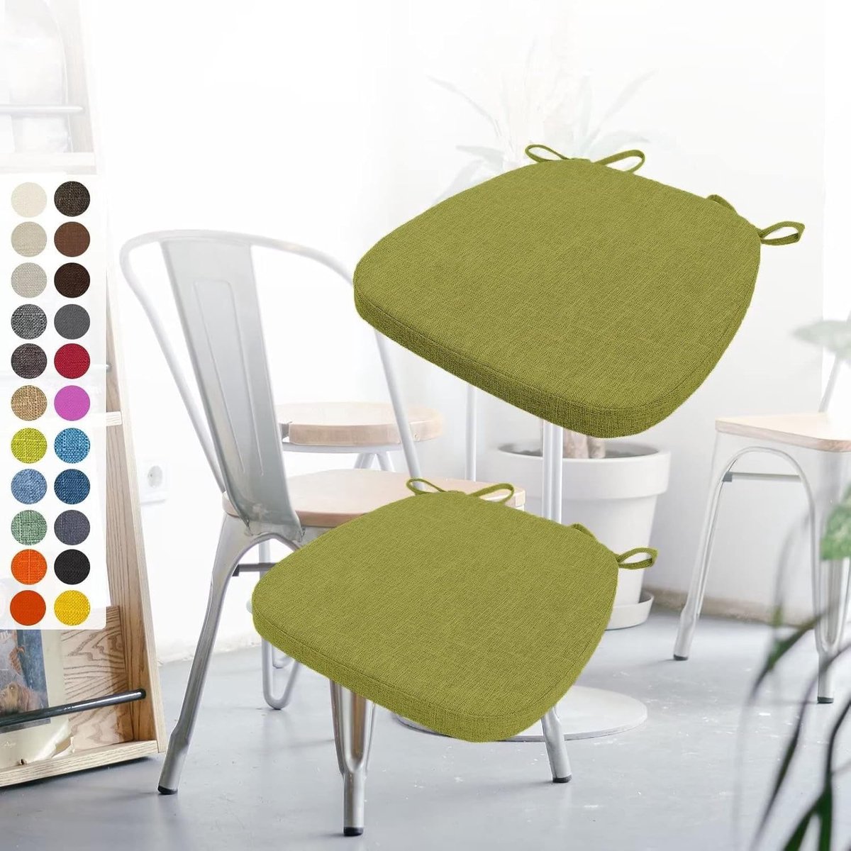 Set van 2 stoelkussens, 40 x 38 x 3 cm, met banden, wasbaar zitkussen, antislip, afneembare overtrek met ritssluiting, ideaal voor thuis, kantoor, keuken, eetkamer, grasgroen