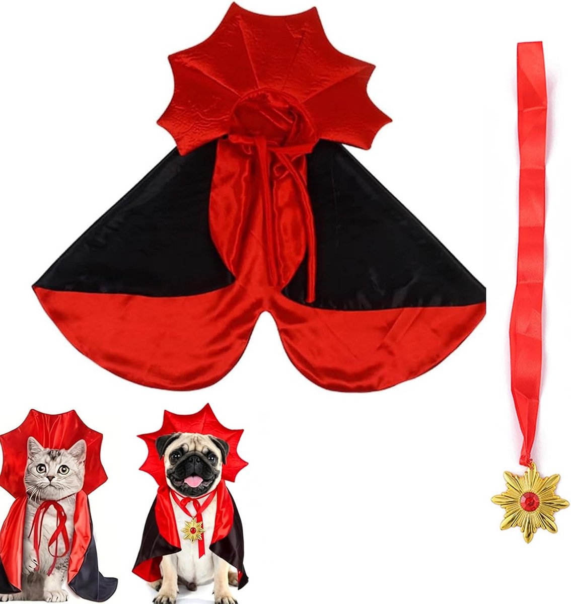1 Stuk Vampier Hondenkostuum Halsomvang 20cm, Cape met Staande Kraag en Dubbele Sluiting, Inclusief Ketting, Robuust en Comfortabel voor Carnaval en Vastenavond