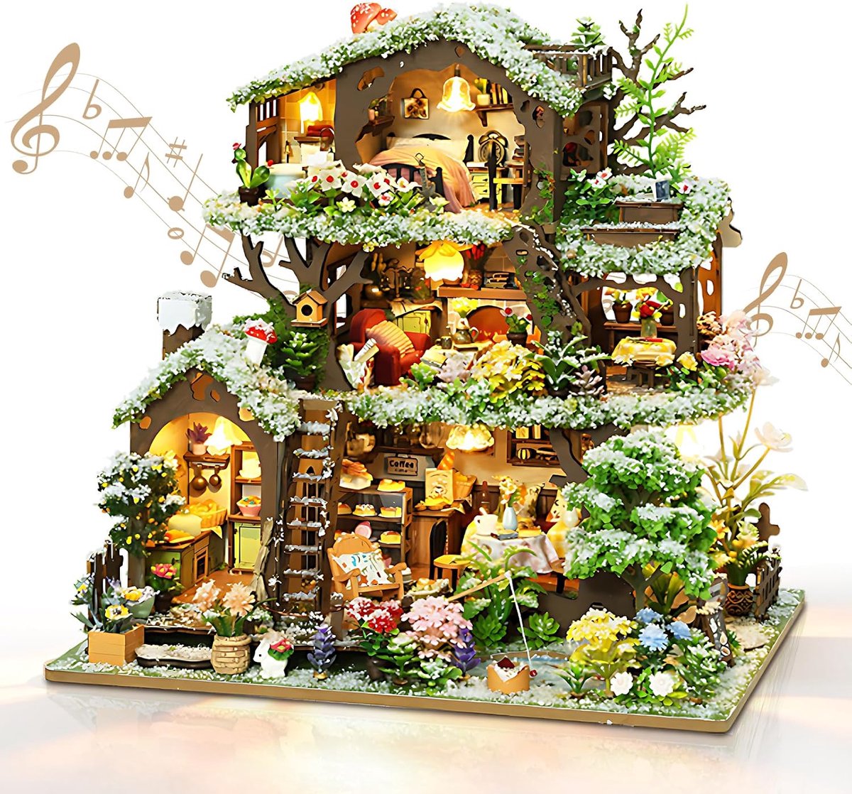 Poppenhuis muziekdoos (huis van de besneeuwde boom)