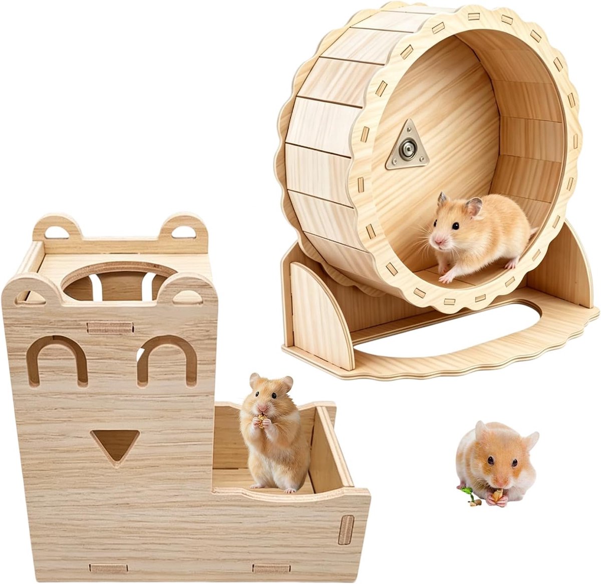 Hamsterloopwiel van hout, hamsterwiel, hamsterspinner, hamster houten loopwiel, houder voor voedseldozen, stille rattenaccessoires, wielen voor gerbillen, voor gerbillen en muizen, diameter 21 cm